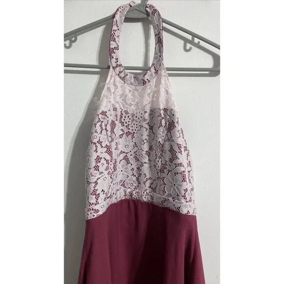 Azazie Junior Bridesmaid Dress J12 Girl's 12 Halter Floral Mulberry White Classy - Picture 3 of 9